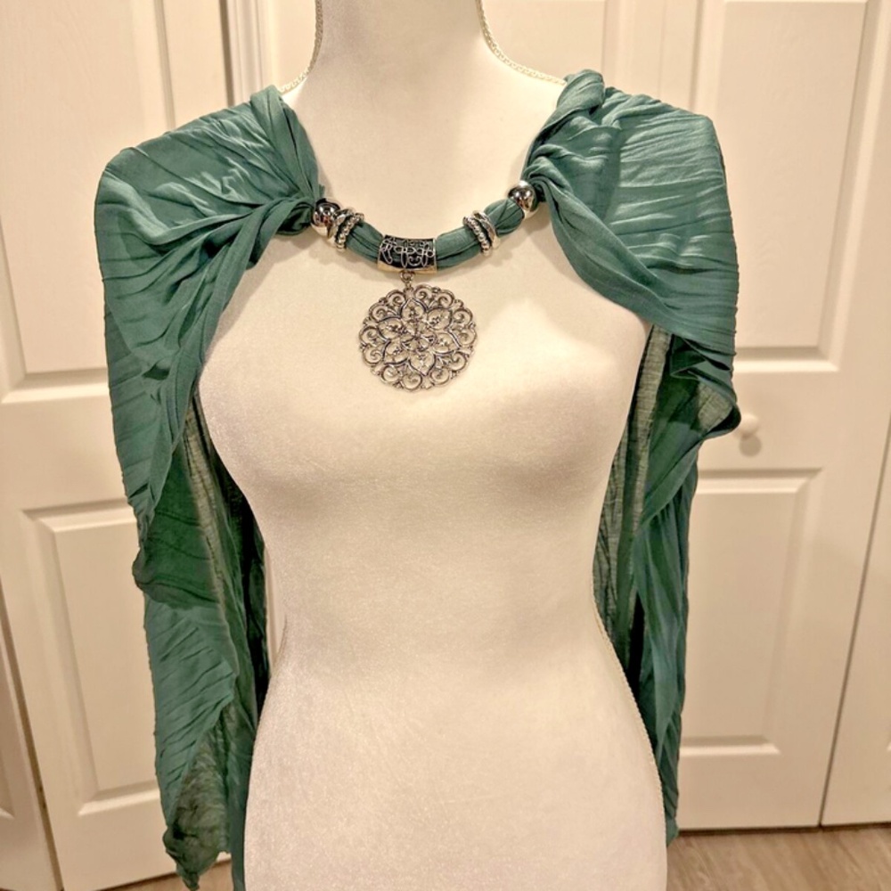 Unique Versatile Green Scarf With Attached Silver Necklace Made In Greece